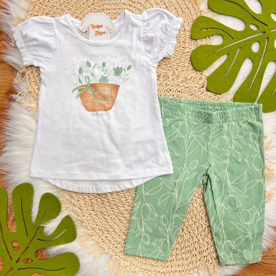 Conj. Blusa Bella Fiore e Calça Legging - Branco e Verde